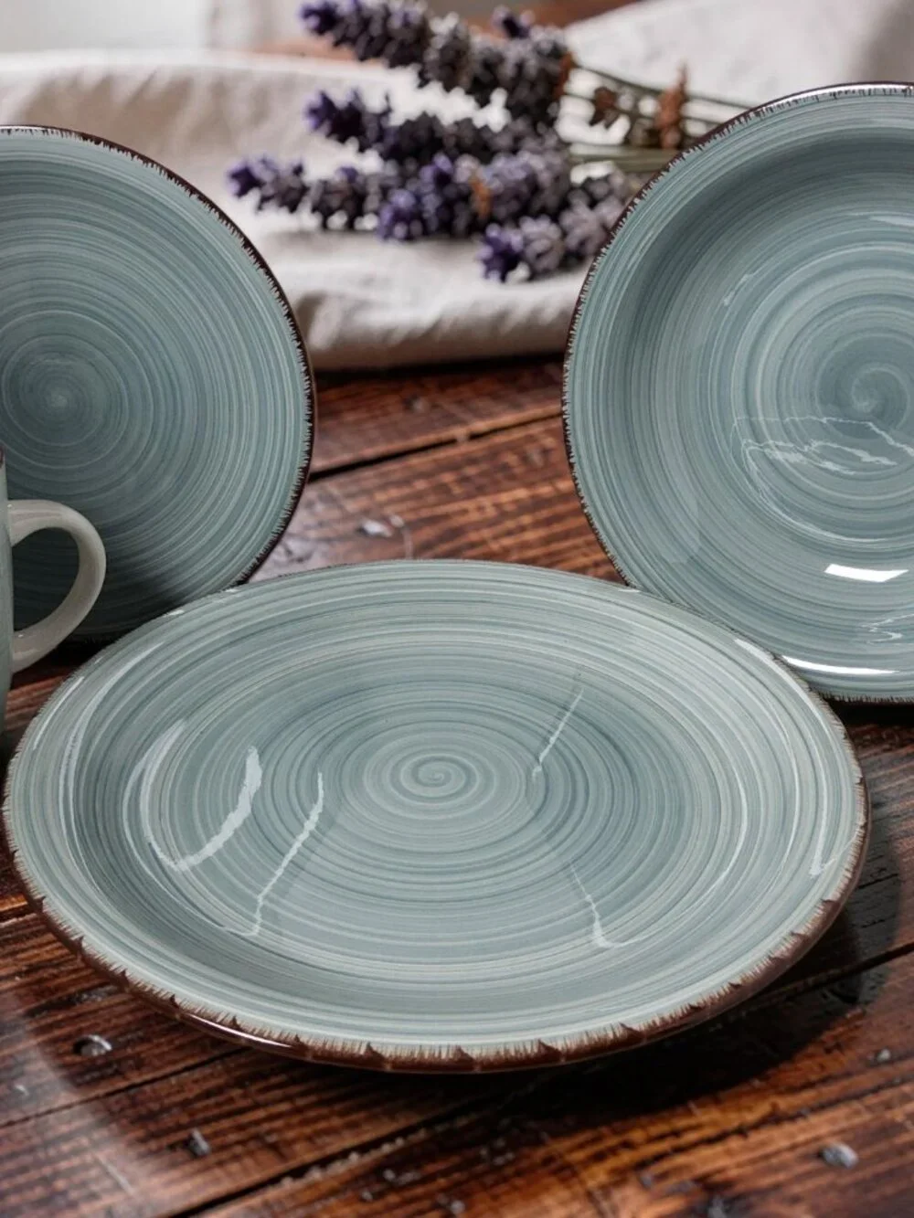 Vintage Royal Norfolk 1980s aqua swirl pattern Brown Edges 4pc. setting ceramic